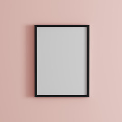 blank frame on light pink wall mock up, vertical black poster frame on wall,  picture frame isolated on a wall, mock up for picture or photo frame,  empty frame on bright wall, 3d render
