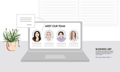 Naklejka premium Remote office team members, Support business workers landing page. Happy young diversity Cartoon characters,companies support team working on computer. Vector flat illustration