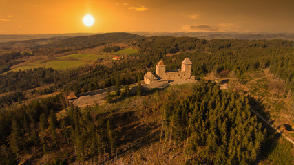 The Kasperk castle on a sunset, National Park Sumava. Czech republic.
