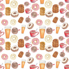Watercolor hand drawn seamless pattern of breakfast, consist of orange juice, coffee cup, pancake and doughnut on white background, can be used for wallpaper or coffee shop decorate.