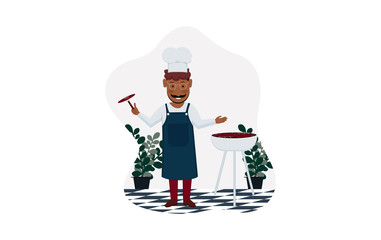 Smiling and happy male chef. professional chef is cooking. vector illustration.