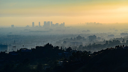 View of downtown Los Angeles, from the Hollywood Hills, at sunset.  