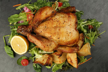 Whole roasted grilled chicken poultry bird with baked potato vegetable salad tomato lemon on black slate stone cutting board black background