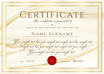 Certificate template with Guilloche pattern (lines), golden frame border and red wax seal. Gold background for Diploma, deed, certificate of appreciation, achievement, attendance, award plaque design