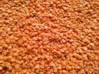 Red raw organic lentils texture. Food ingredient background. Nepal