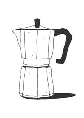 Italian style stovetop coffee maker illustration. Moka pot hand-drawn line art on the white background. Cafe spot illustration - 345963421