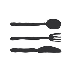 Naive cutlery hand drawing. Fork, spoon and knife cafe illustration on the white background