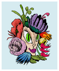 A sketchy bouquet with flowers and a portrait of a girl, drawn with ink and colored pencils. Color vector illustration. It can be used in stores, supermarkets, boutiques, on sites, booklets.