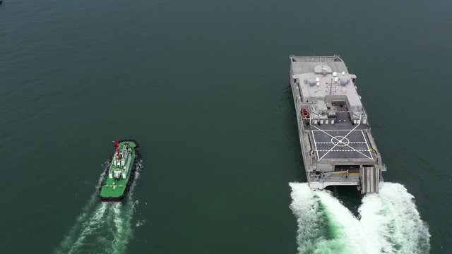 Aerial view landing craft, Aerial view landing ship navy military ship in the open sea, Amphibious ship transport.