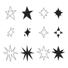 Set of black hand drawn doodle stars isolated on white background. Vector illustration.
