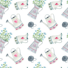 Watercolor seamless pattern with gardening elements on the light background. Bright cartoon illustration of flower compositions, watering can, and jug.