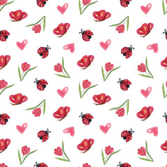 Watercolor seamless pattern with floral elements on the light background. Bright cartoon illustration of ladybug, butterfly, heart, and crocus.