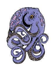 Image of a cheerful purple octopus. Color vector illustration. Can be used in social networks, for articles, publications, postcards, print, poster, sticker, on a T-shirt.