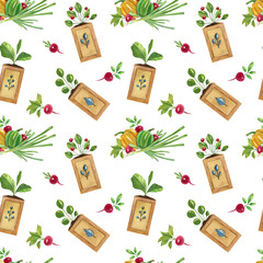 Watercolor seamless pattern with botanical composition on the light background. Bright cartoon illustration of plants in the pots and fresh vegetables.
