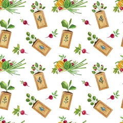 Poster Plants in pots Watercolor seamless pattern with botanical composition on the light background. Bright cartoon illustration of plants in the pots and fresh vegetables.