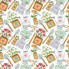 Watercolor seamless pattern with gardening elements on the light background. Bright cartoon illustration of tools, flower compositions, watering can, and jug.