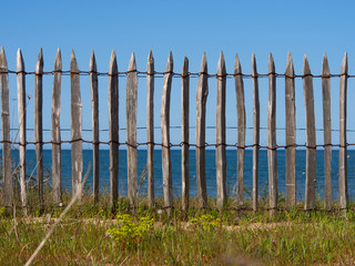 A sand road leading to the beach next to a wooden fence separating greenery from the beach, in the...