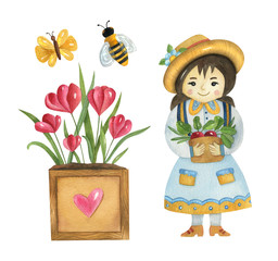 Naklejka premium Watercolor gardening set on the light background. Bright hand-painted illustration with a cute girl, insects, and flowers.