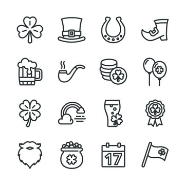 set of Saint Patrick vector line icons set