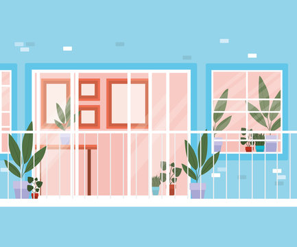 window and balcony from outside with view into the blue house vector design