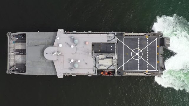 Aerial view landing craft, Aerial view landing ship navy military ship in the open sea, Amphibious ship transport.