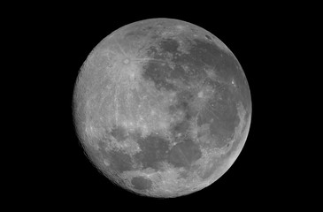 Super full phase Moon, isolated in the black space, with no star and some creaters in detail.