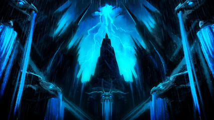 A malevolent Gothic city in a thunderstorm, with gargoyles everywhere, water pouring from their mouths, and lightning flashing in the sky . 2D illustration © warmtail