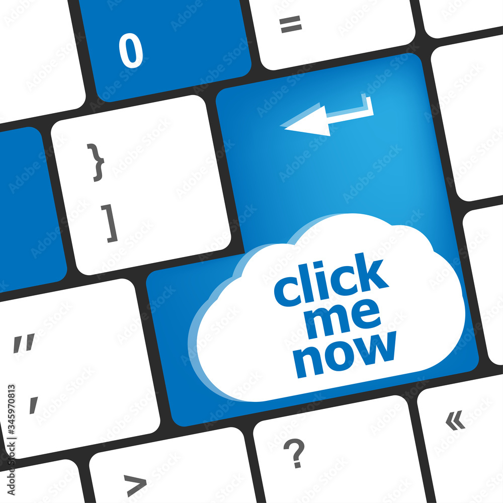 Poster keyboard with click me now button, internet concept