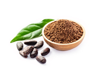 Cacao beans and powder in wooden bowl isolated on white background.