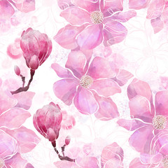 Seamless pattern with magnolia branches on a white background. Watercolor.