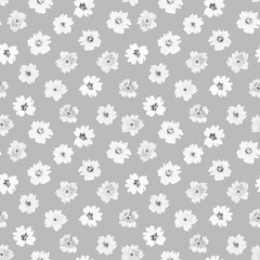 Hand drawn seamless pattern of white blooming wildflowers on a gray background. Decorative spring floral watercolor illustration for design card, invitation, wallpaper, wrapping paper, fabric