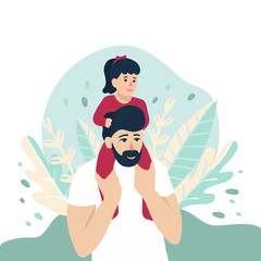 baby sitting on dad's shoulders, vector illustration for Father's Day holiday, happy family concept. Nature leaves background. Cute little girl and her father, people design.