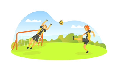Obraz na płótnie Canvas Teenager Boys Playing Football Outdoors, Soccer Players Kicking Ball at the Soccer Field Vector Illustration