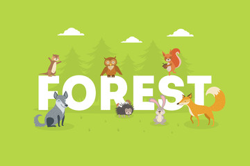 Naklejka premium Forest Banner, Cute Wild Animals with Giant Letters, boar, Hedgehog, Squirrel, Hare, Fox, Owl Vector illustration