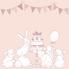 Cartoon holiday background with adorable rabbits on pink. Vector illustration with place for text. Can be greeting cards, invitations, flyers, element for design.