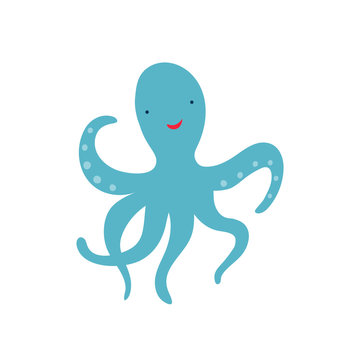 Cute blue octopus on a white background in a flat style. Vector illustration