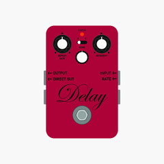 wine red boutique custom delay guitar stomp box effect, graphic icon design. t-shirt artwork.