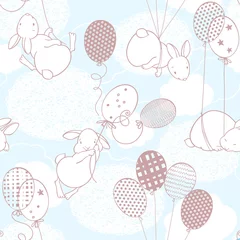 Fotobehang Dieren met ballon Schattige konijnen op ballonnen in de wolken. Naadloze vector patroon. Cartoon dierlijke achtergrond.