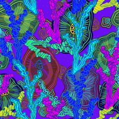 Abstract vector pattern suitable for printing children's prints on textiles, fabrics, clothes, boys, girls. Bright psychedelic ornament coral reefs with flowers. Reef in the ocean blooms. Underwater