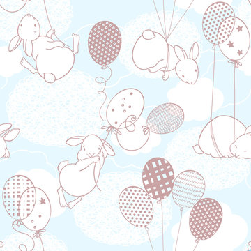 Cute rabbits on balloons in the clouds. Seamless vector pattern. Cartoon animal background . © maritime_m