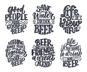 Fototapeta premium Set with lettering quotes about beer in vintage style. Calligraphic posters for t shirt print. Hand Drawn slogans for pub or bar menu design. Vector