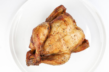 Whole roasted grilled chicken poultry bird on white background