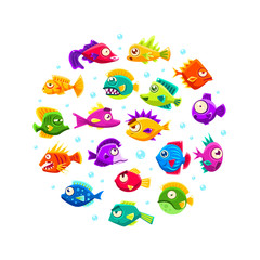 Cute Colorful Tropical Fishes of Round Shape, Exotic Underwater Creatures Vector Illustration