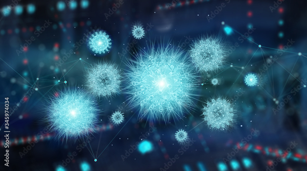Poster microscope close-up of the coronavirus covid-19 disease. 2019-ncov spreading in body. 3d rendering o