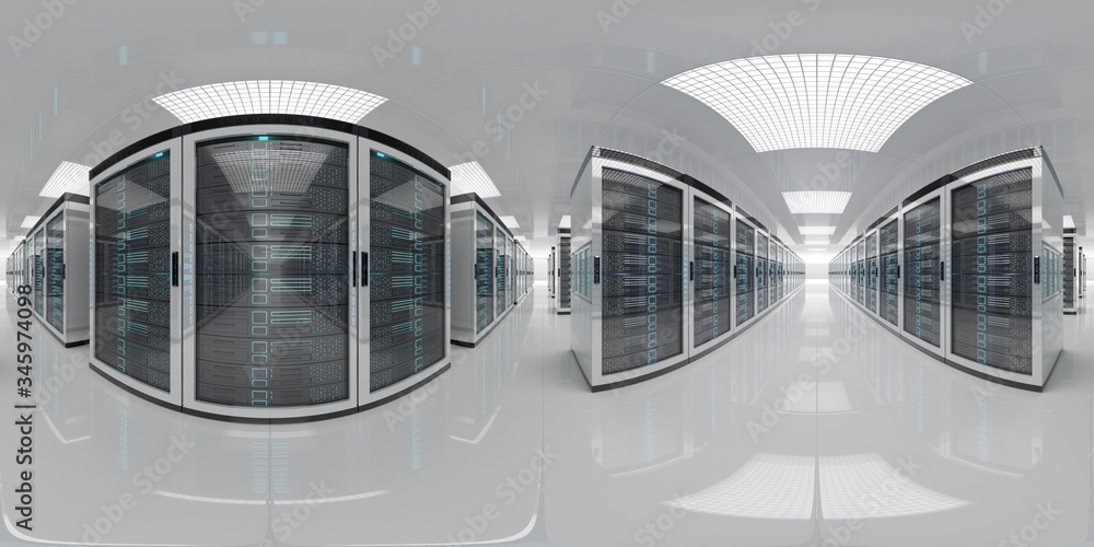 Fototapete High resolution HDRI panoramic view of a server data room center. 360 panorama reflection mapping of a computer storage system interior. 3D rendering