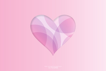 Heart shape frame pink paper cut above transparent round shape overlay. Vector symbols of love concept for Valentine's Day, birthday greeting or wedding card design.