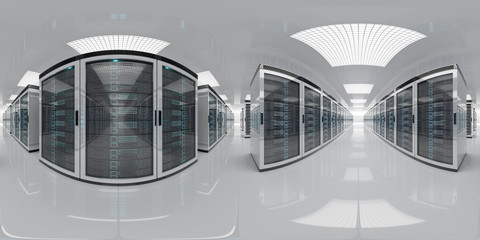 High resolution HDRI panoramic view of a server data room center. 360 panorama reflection mapping of a computer storage system interior. 3D rendering