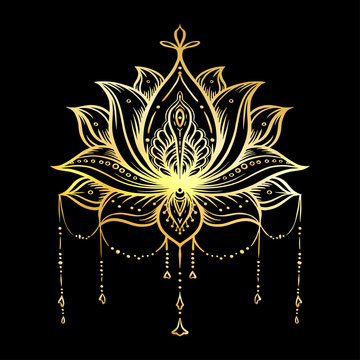 Ornate Lotus flower. Ayurveda symbol of harmony and balance and universe. Tattoo design, yoga logo. Boho print, poster, t-shirt textile. Isolated outline vector illustration in gold colors.