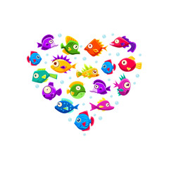 Cute Colorful Tropical Fishes of Heart Shape, Exotic Underwater Creatures, Ocean or Sea Life Vector Illustration