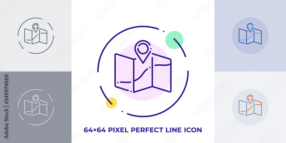 Poster map with location pin line art vector icon. outline symbol of travel route. navigation pictogram mad